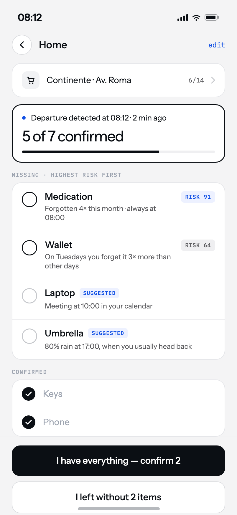 RemAInder departure checklist: medication and wallet missing, each with its risk score and the reason underneath.