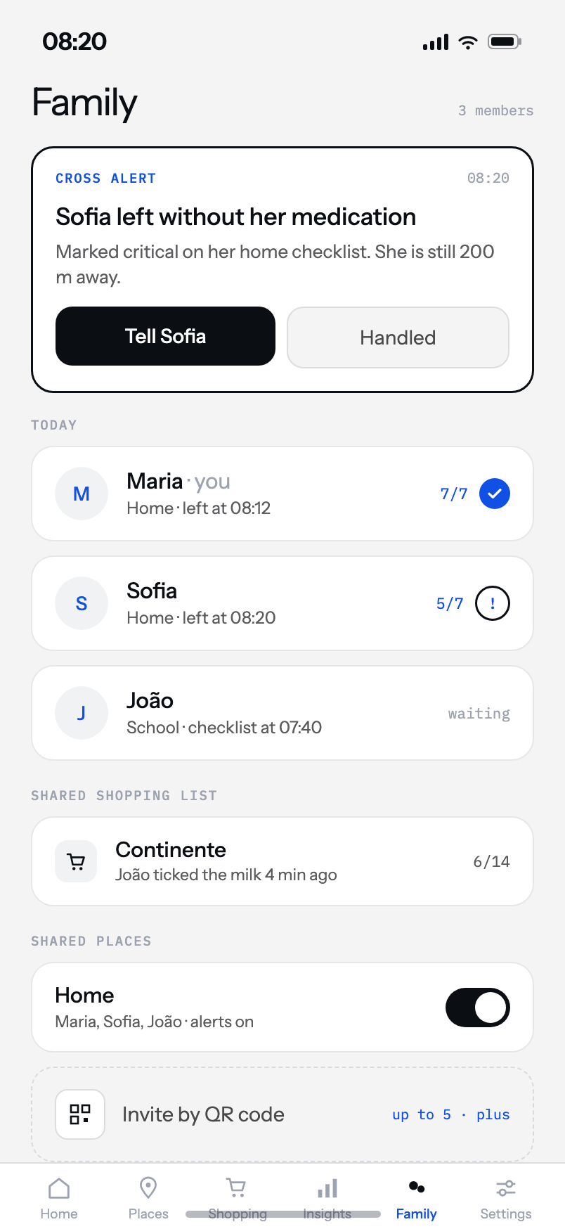 RemAInder family screen with a cross alert, the household members and the shared shopping list.
