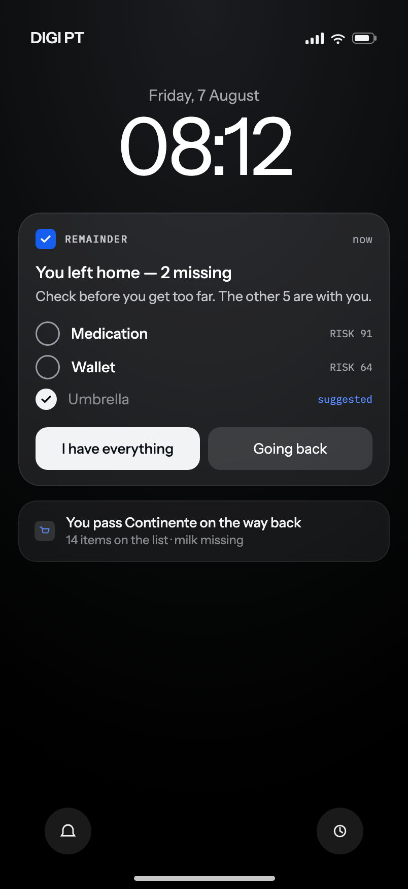 Lock screen with the RemAInder notification: you left home, two items missing, with buttons to confirm or turn back.