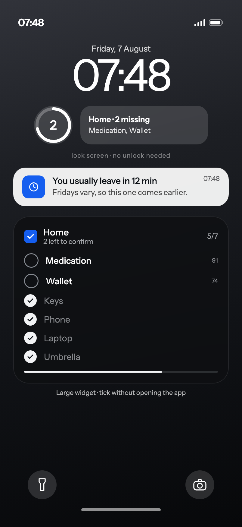 Lock screen with RemAInder widgets: a counter showing two missing items, the names of those items, and the large widget with the departure list.