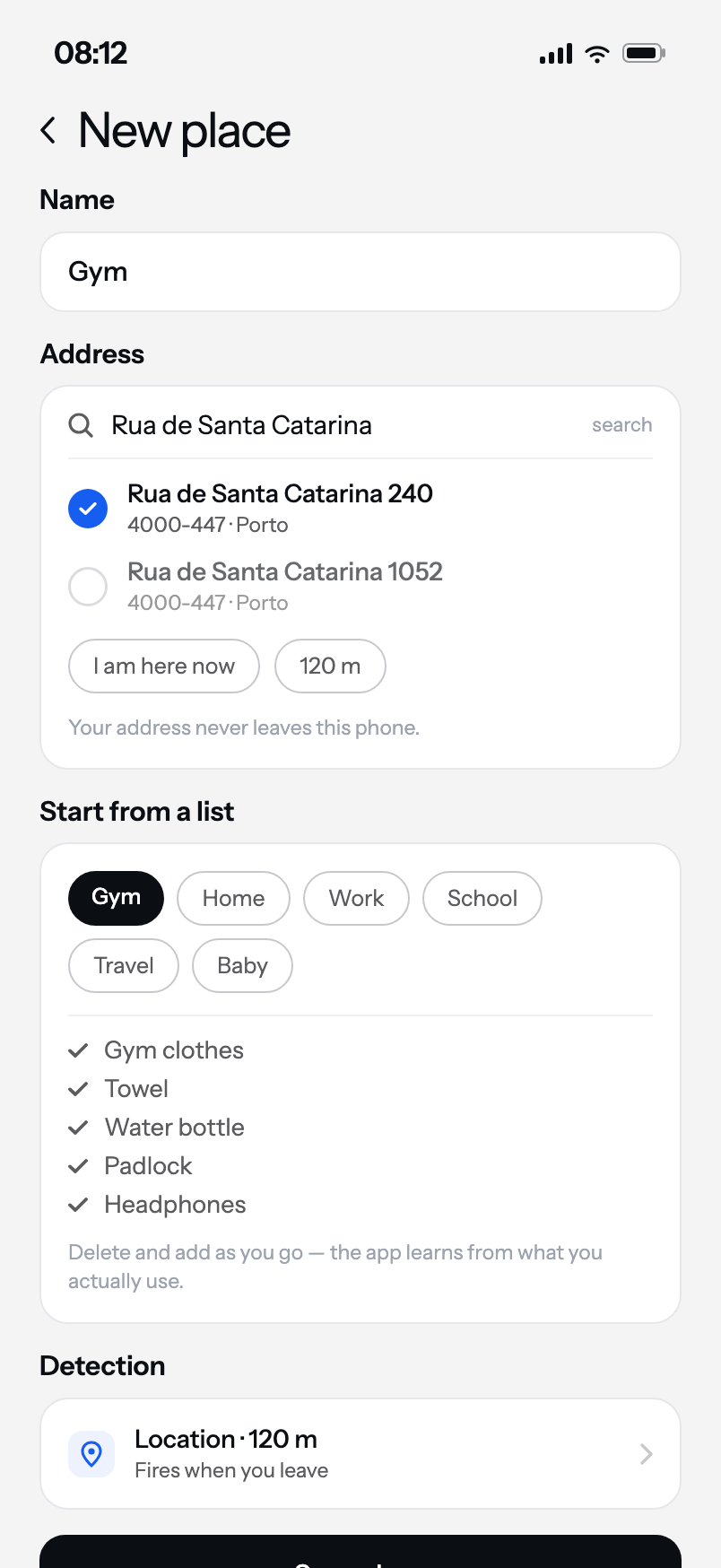 RemAInder new place screen: name field, address search with results, and the starter lists with the gym pack selected.