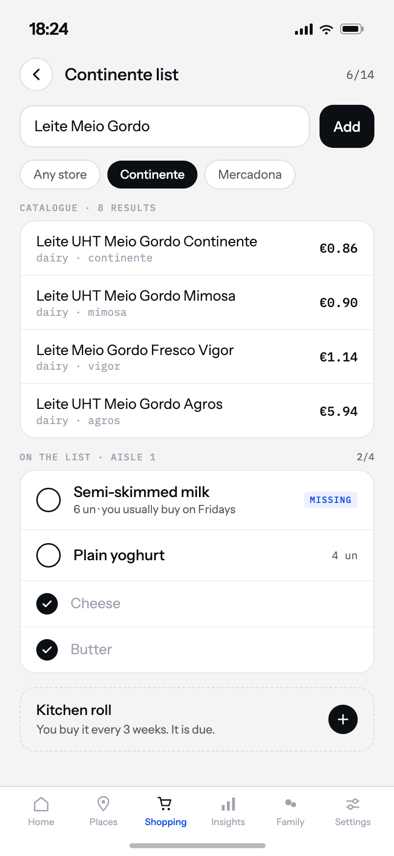 RemAInder shopping list ordered by aisle, with prices from the store catalogue.