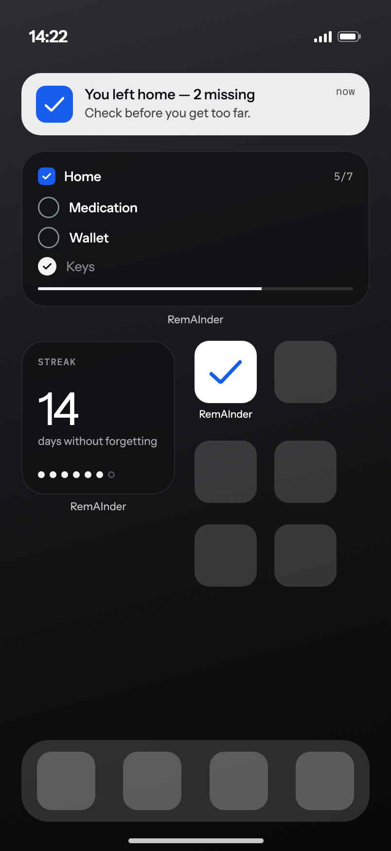 RemAInder widget on the home screen, with the missing items and checkboxes that work without opening the app.