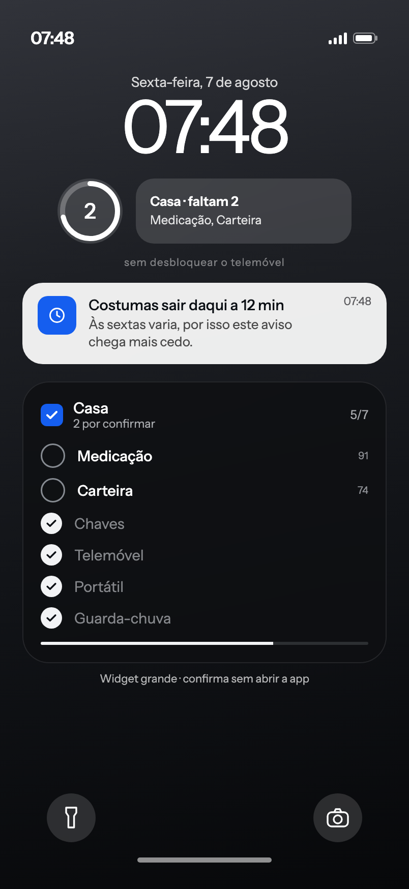 Ecrã bloqueado com os widgets da RemAInder: um contador com dois itens em falta, os nomes desses itens, e o widget grande com a lista da saída.