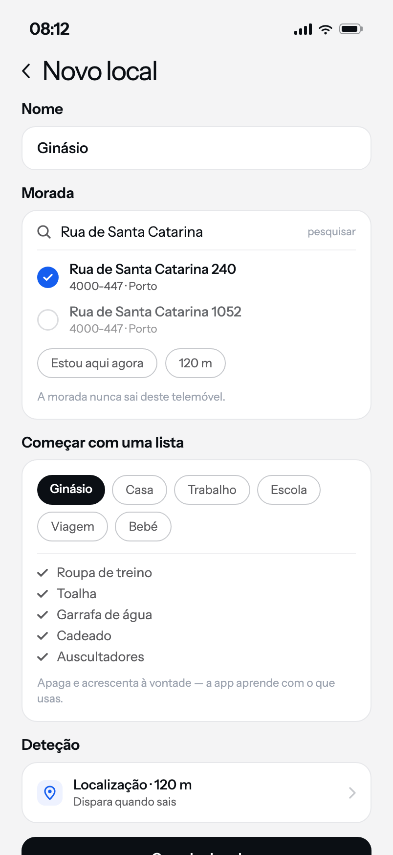Ecrã de novo local da RemAInder: campo de nome, pesquisa de morada com resultados, e as listas para começar com o pacote de ginásio escolhido.