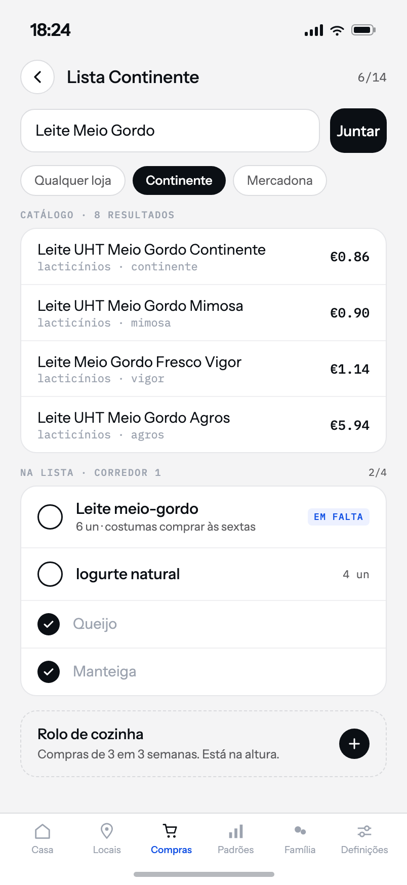 Lista de compras da RemAInder ordenada por corredor, com preços do catálogo da loja.